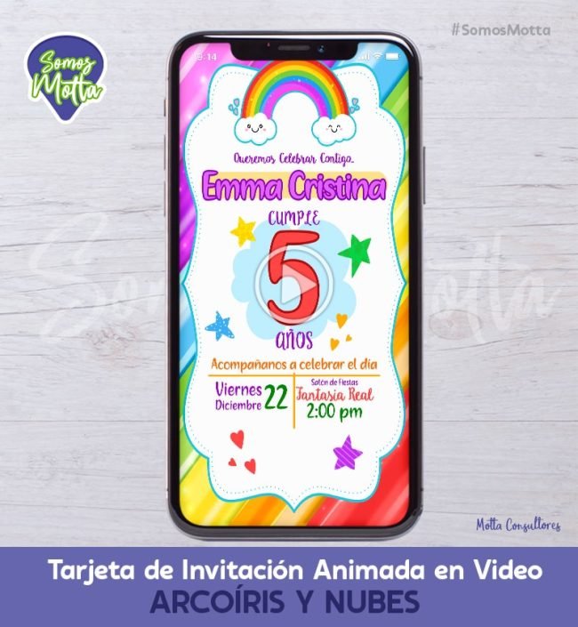 TARJETA DE INVITACIÓN DIGITAL ANIMADA DE ARCO IRIS Y NUBES