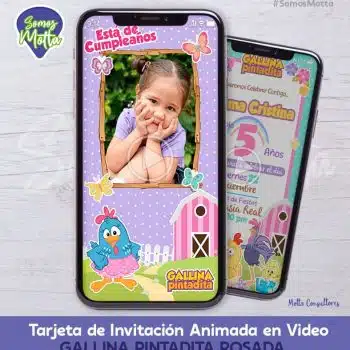 TARJETA DE INVITACIÓN GALLINA PINTADITA ROSA CON FOTO