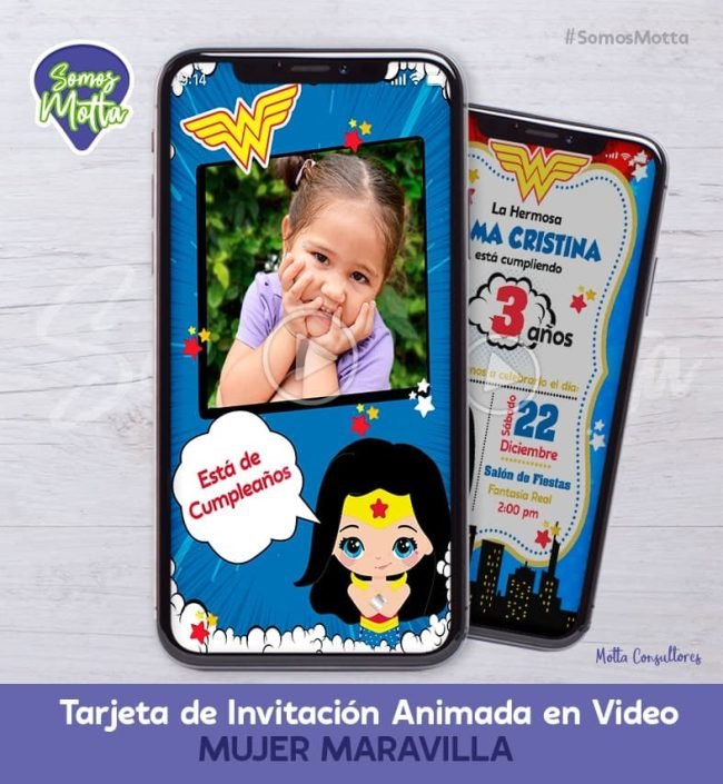 TARJETA DE INVITACIÓN DIGITAL MUJER MARAVILLA CON FOTO