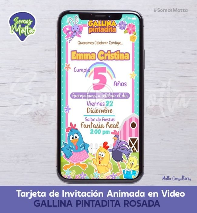 TARJETA DE INVITACIÓN DIGITAL GALLINA PINTADITA ROSA