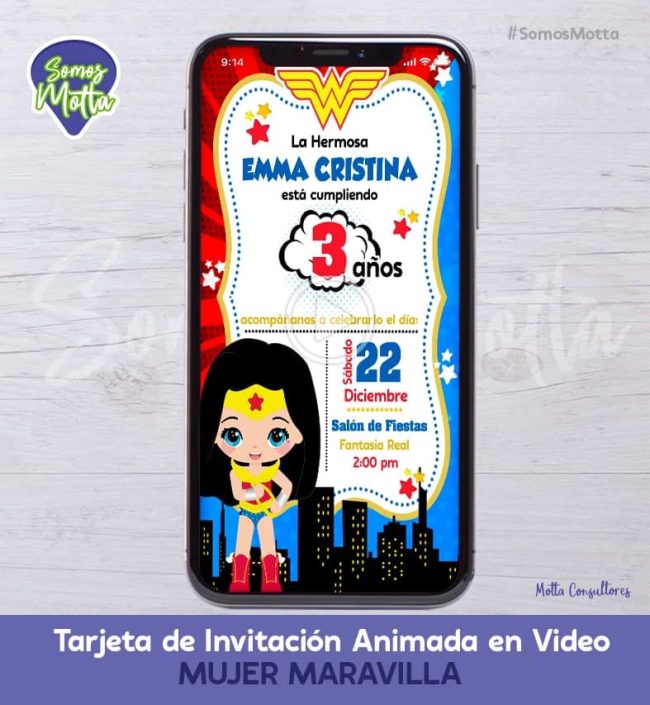 TARJETA DE INVITACIÓN DIGITAL ANIMADA MUJER MARAVILLA