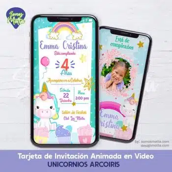 TARJETA DE INVITACIÓN UNICORNIOS ARCOÍRIS