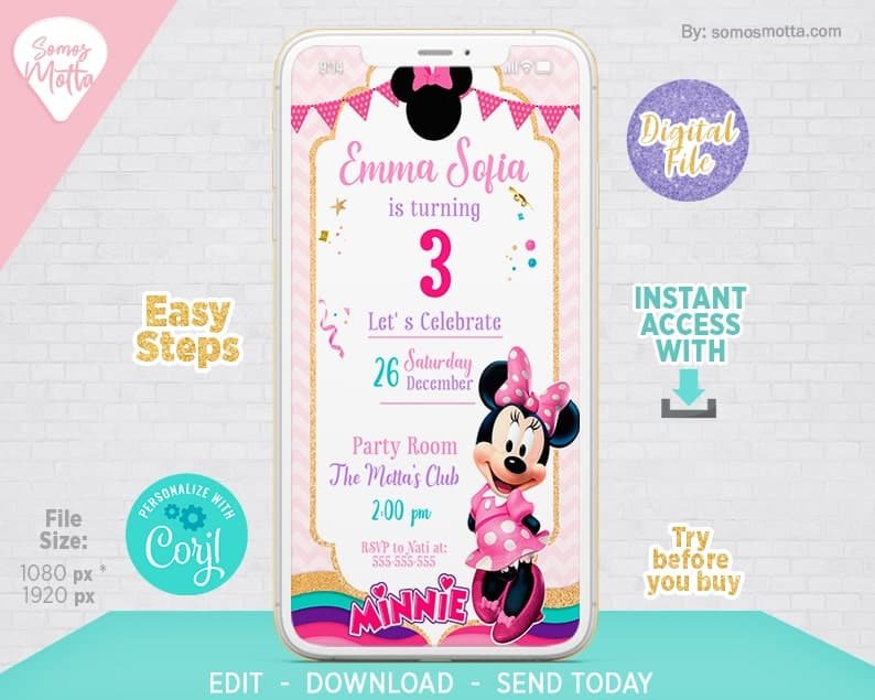 TARJETA INVITACIÓN DE MINNIE PARA CELULAR DIY