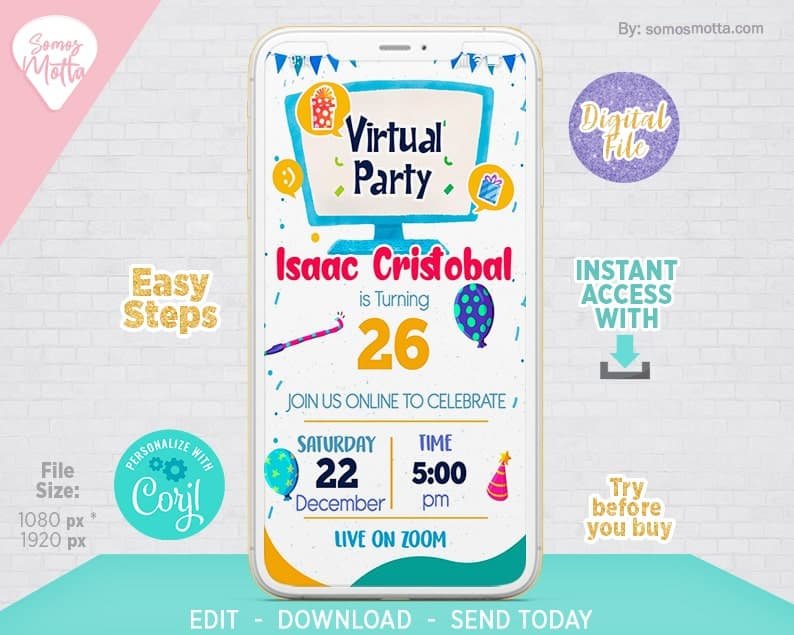 TARJETA INVITACIÓN FIESTA VIRTUAL PARA CELULAR