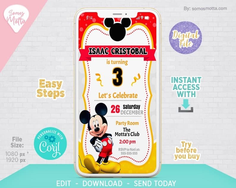 TARJETA INVITACIÓN MICKEY MOUSE PARA CELULAR
