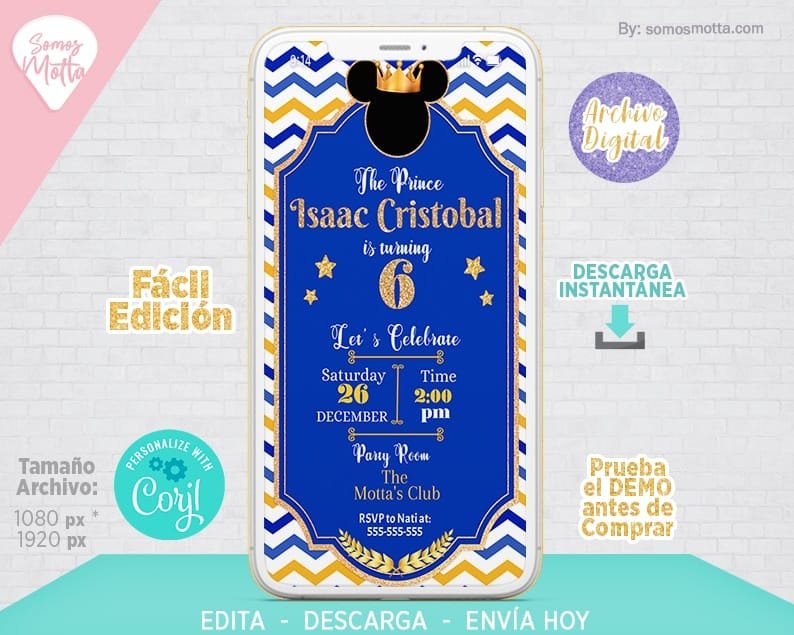 TARJETA INVITACIÓN MICKEY PRÍNCIPE PARA CELULAR