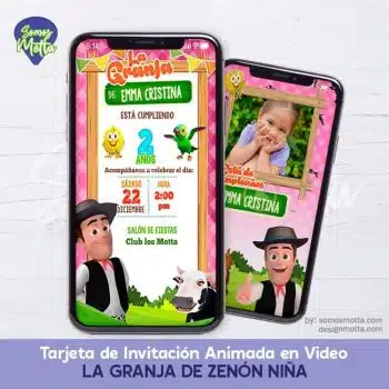 TARJETA DE INVITACIÓN LA GRANJA DE ZENÓN ROSADA NIÑA