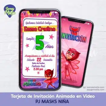 TARJETA INVITACIÓN PJ MASKS NIÑA HÉROES EN PIJAMA