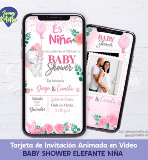 TARJETA DE INVITACIÓN BABY SHOWER NIÑA ELEFANTES