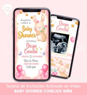 TARJETA INVITACIÓN BABY SHOWER PARA NIÑA CONEJOS
