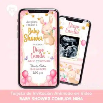 TARJETA INVITACIÓN BABY SHOWER PARA NIÑA CONEJOS