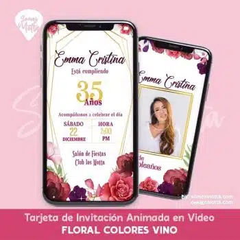 TARJETA DE INVITACIÓN PARA DAMA FLORAL VINO