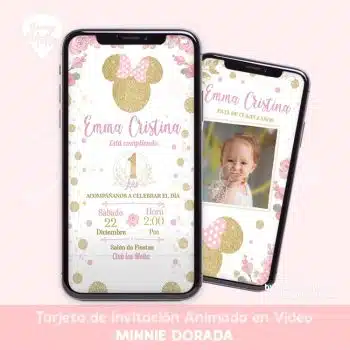 TARJETA INVITACIÓN MINNIE ROSA Y DORADO