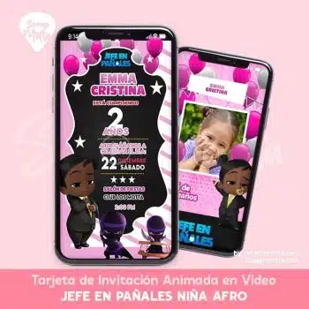 Tarjeta de INVITACIÓN JEFE EN PAÑALES NIÑA AFRO