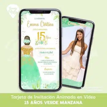 INVITACIÓN 15 AÑOS VERDE MANZANA Y DORADO