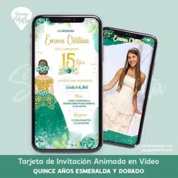 INVITACIÓN QUINCE AÑOS VERDE ESMERALDA DORADO