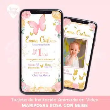 INVITACIÓN DE MARIPOSAS ROSA CON BEIGE