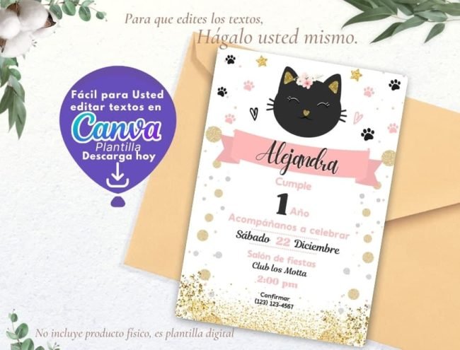 CUMPLEAÑOS GATOS MEOW INVITACIÓN EDITABLE