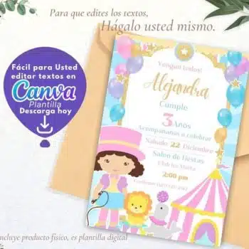 CUMPLEAÑOS CIRCO NIÑA INVITACIÓN EDITABLE