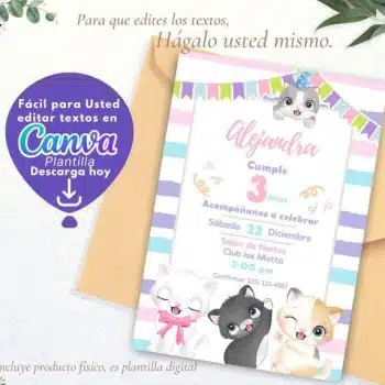 CUMPLEAÑOS DE GATOS INVITACIÓN EDITABLE