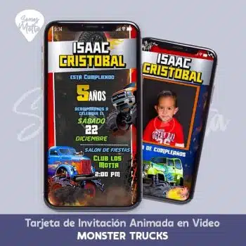 Tarjeta INVITACIÓN CUMPLEAÑOS infantil MONSTER TRUCKS