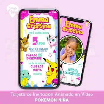 Servicio de personalizacion de tarjetas de INVITACIÓN CUMPLEAÑOS POKEMON NIÑA