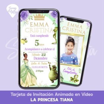 Invitación Digital Animada de Princesa Tiana Vestida de VERDE