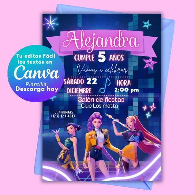 Invitación Guerreras KPOP Editable en Canva Cumpleaños