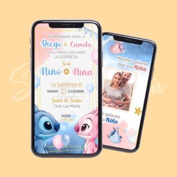 Invitación Revelación de Genero Stitch y Angel