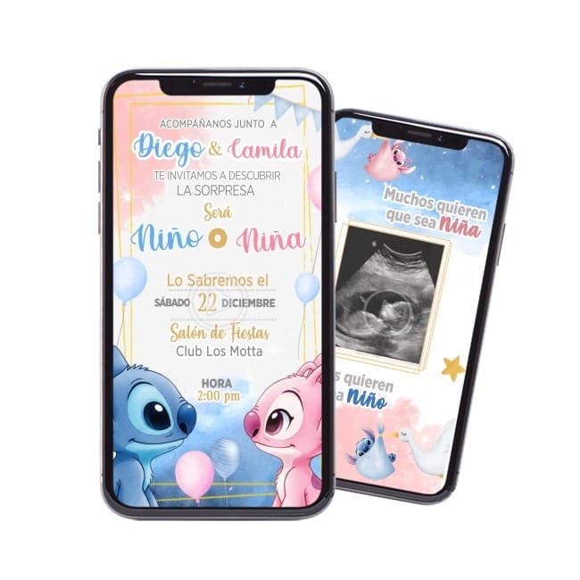 Invitación Revelación de Genero Stitch y Angel