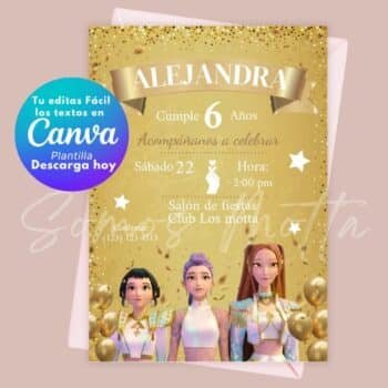 Invitación de las Guerreras Kpop para Editar en Canva – Plantilla Golden