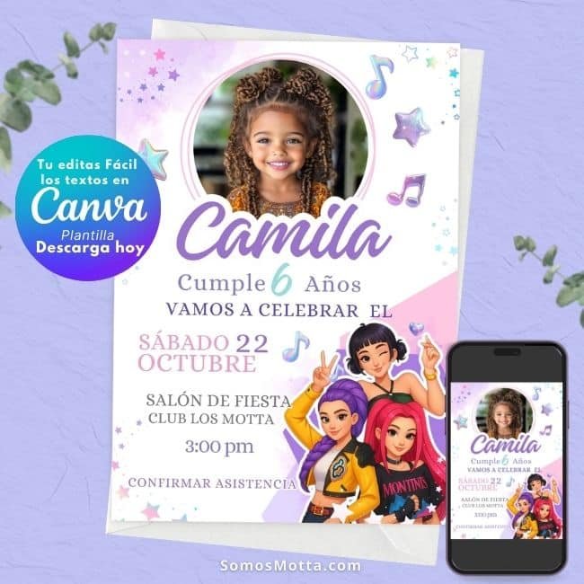 Invitación de las Guerreras Kpop Editable en Canva para Cumpleaños