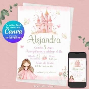 Invitación de cumpleaños de princesa Editable en Canva