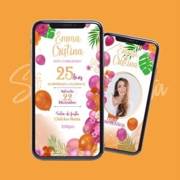 Video Invitación Dama Globos Naranja - Personalizada y Lista