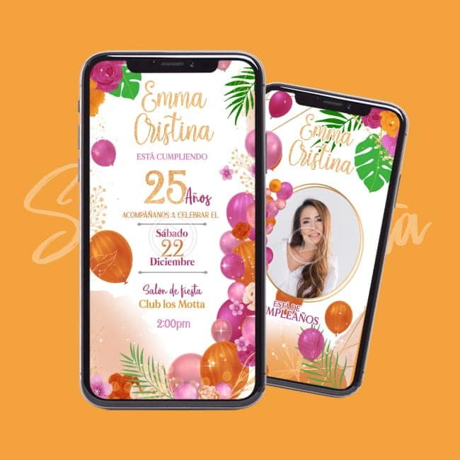 Video Invitación Dama Globos Naranja - Personalizada y Lista